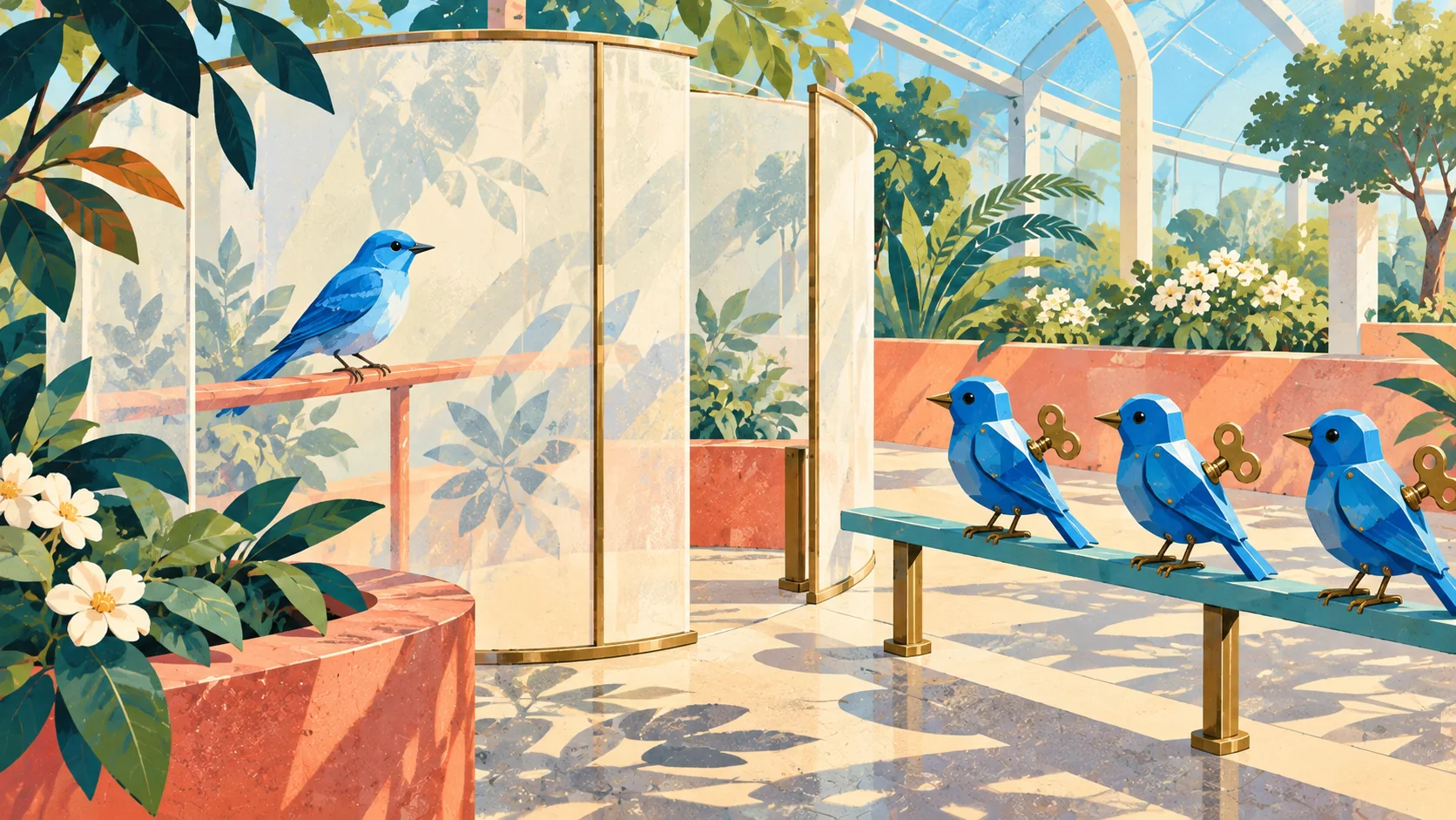A blue bird rests behind a translucent screen while identical wind-up birds queue outside, illustrating authentication and privacy on Twitter.
