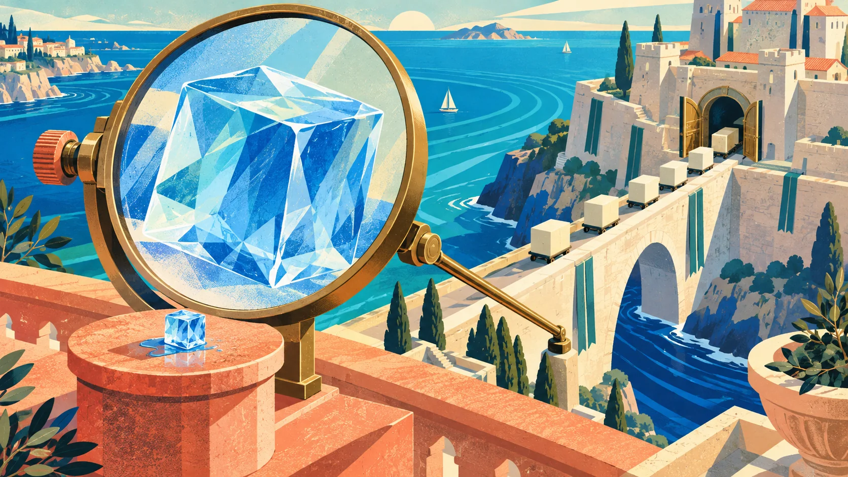 A small melting ice cube appears enormous through a brass lens as asset blocks leave a sunlit coastal fortress.