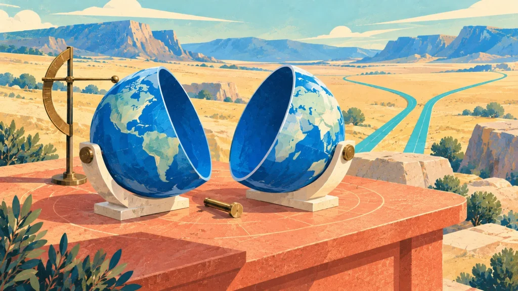 Two halves of a blue mechanical globe separate around a loose brass pin, with branching tracks suggesting Terra's proposed chain split.