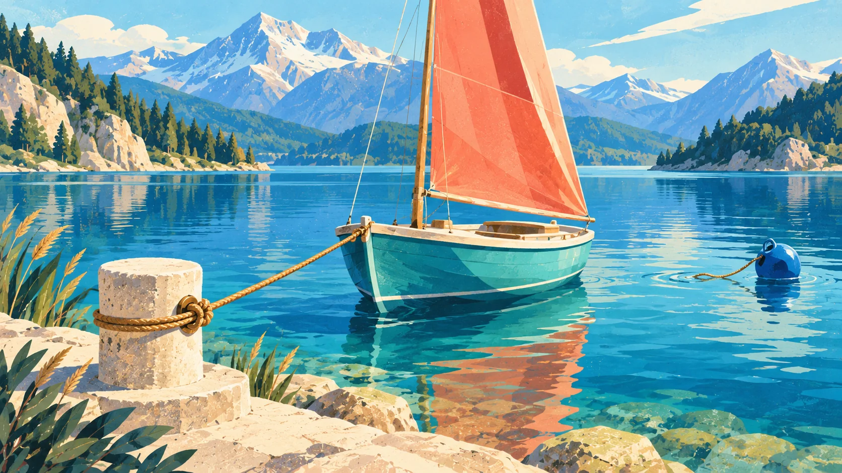 A turquoise sailboat is moored directly to solid stone beside a detached floating buoy, suggesting a firmer base for trading after the Terra collapse.