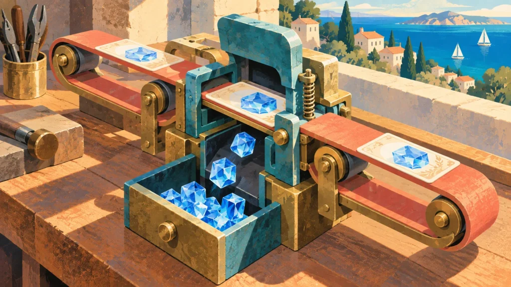 An NFT card circles repeatedly through an open lending latch while blue asset blocks escape below.