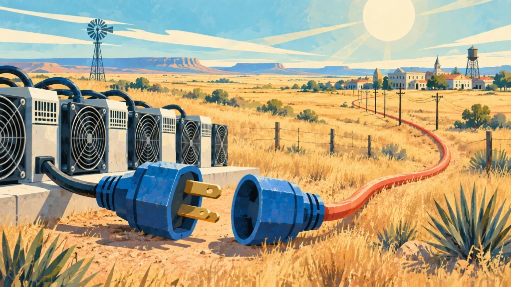 A disconnected mining power cable leaves electricity available for homes across a hot Texas landscape.