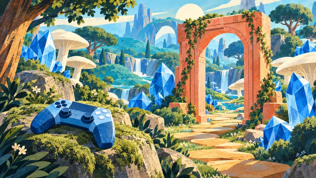 A coral doorway opens into a playful geometric forest, suggesting a first exploration of the Otherside metaverse.