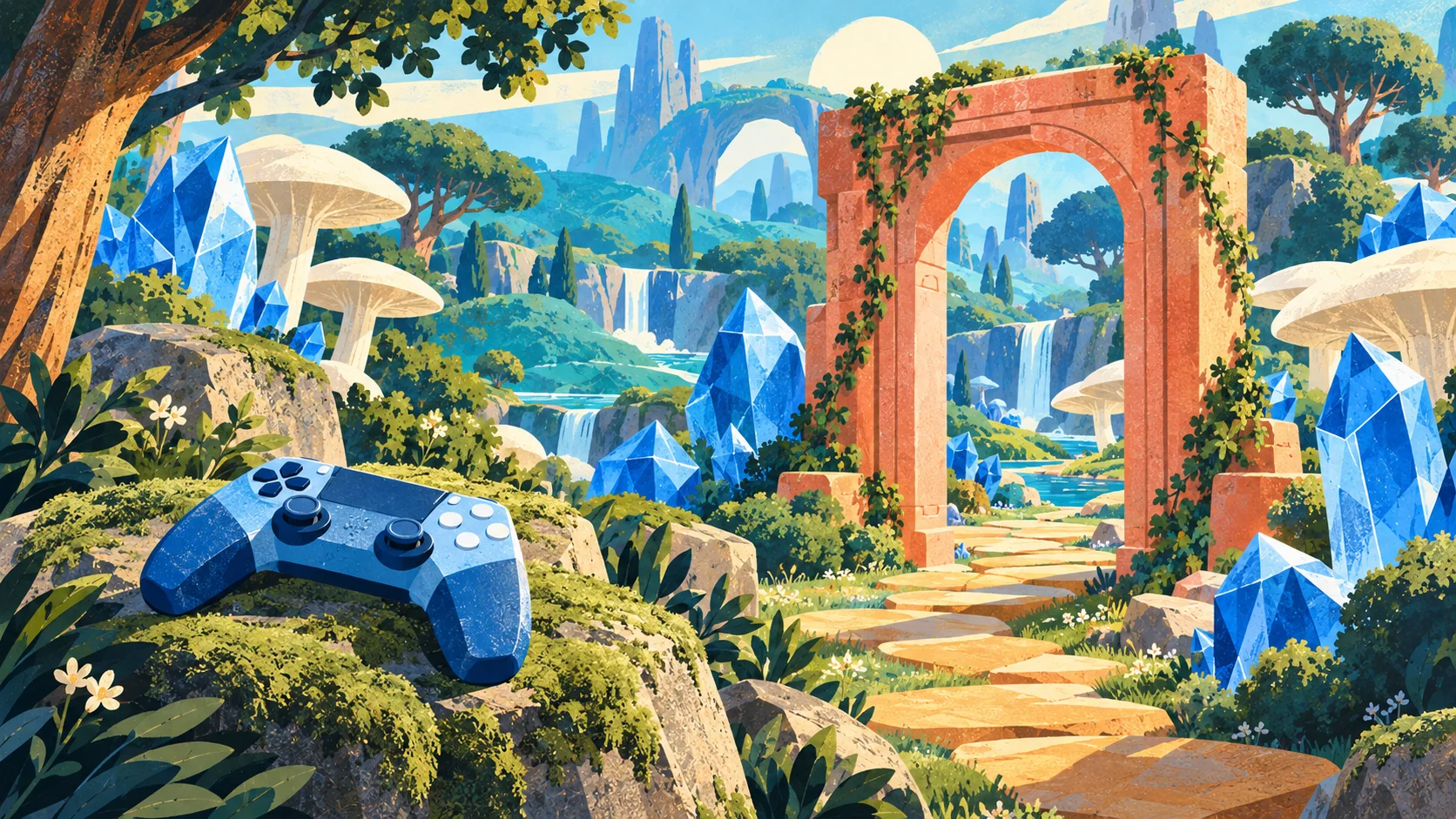 A coral doorway opens into a playful geometric forest, suggesting a first exploration of the Otherside metaverse.