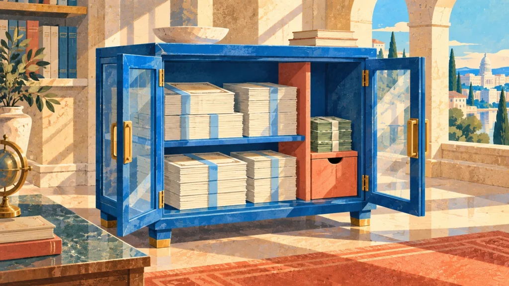An opened blue reserve cabinet reveals orderly Treasury papers and cash bundles behind a clear panel.