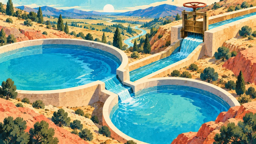 Two connected turquoise reservoirs and a brass sluice illustrate stablecoin liquidity moving between competing channels.