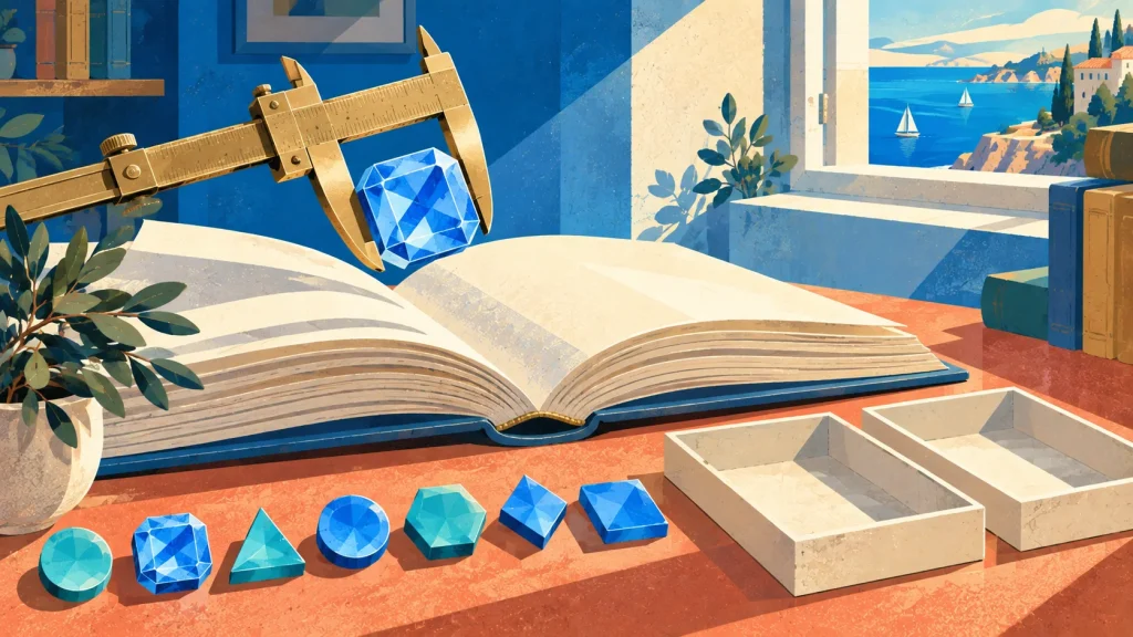 Brass calipers examine a blue digital-asset tile above an open rulebook, representing regulatory review of exchange listings.