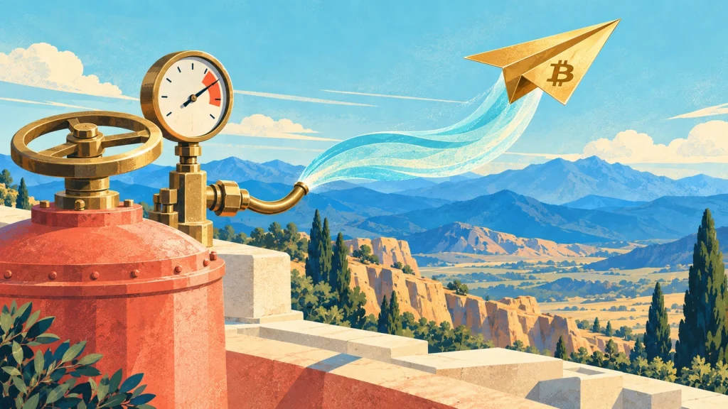 Painted brass pressure regulator releasing a blue air current that lifts a golden Bitcoin glider above a sunlit mountain plateau.