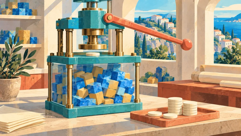 A turquoise minting press holds a large visible reserve of collateral blocks beneath newly minted ivory disks.