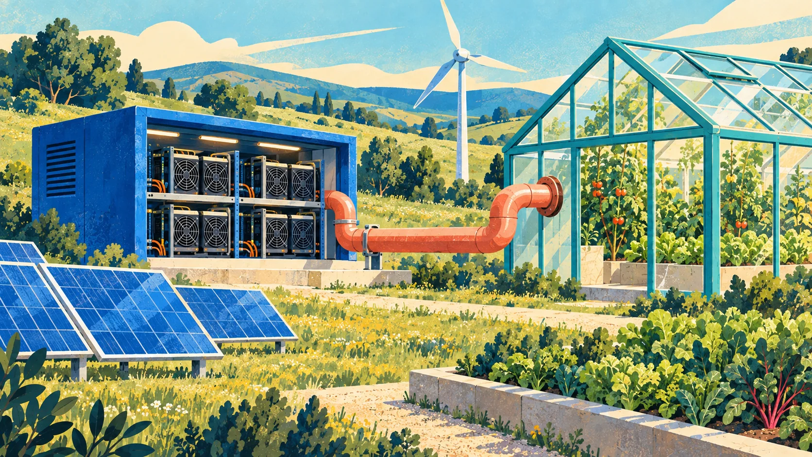 A mining unit sends recovered heat into a greenhouse in a sunny renewable-energy landscape.