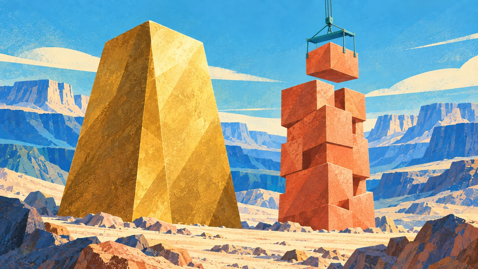 An orange modular sculpture approaches a gold monolith in height, illustrating Bitcoin's projected challenge to gold's market value.