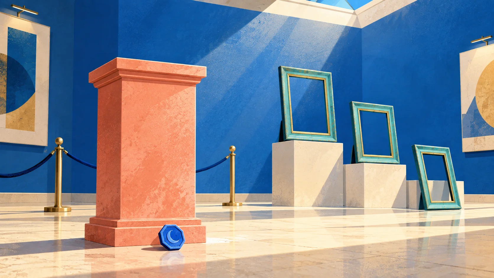 A small blue collectible token lies below a tall empty pedestal beside descending display frames in an auction gallery.