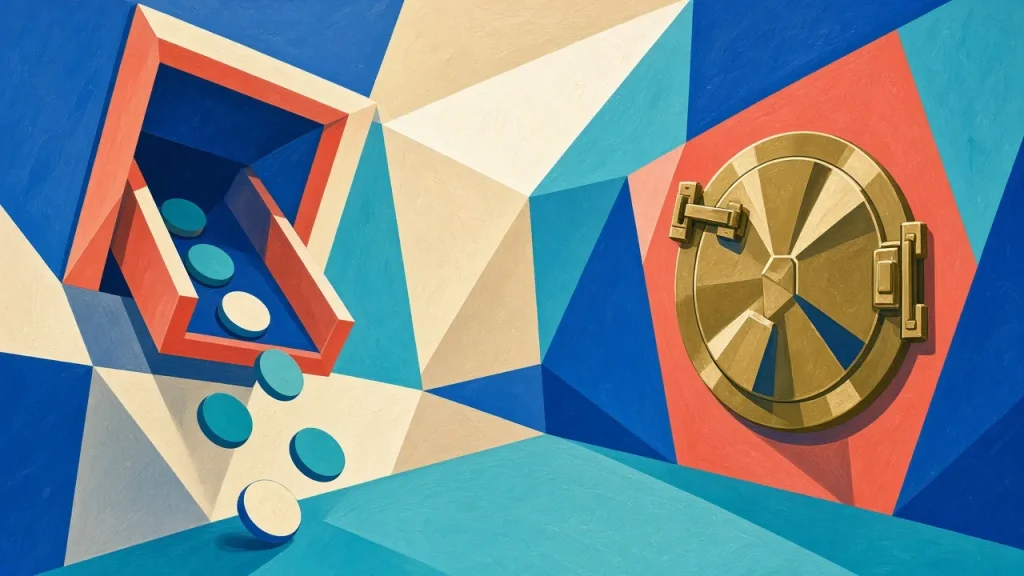 Abstract blue, orange, and gold bridge-themed illustration with Bitcoin and network symbols