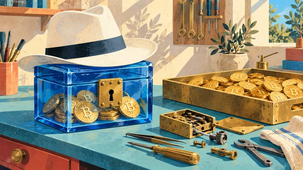A white hat rests on a locked blue glass box of bitcoin beside an open tray of returned coins in a sunny workshop.