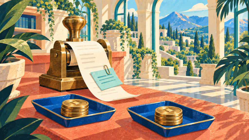 A brass receipt stamper with an attached turquoise note and two trays of gold tokens, illustrating a duplicate refund in Chainflip’s Tron incident.