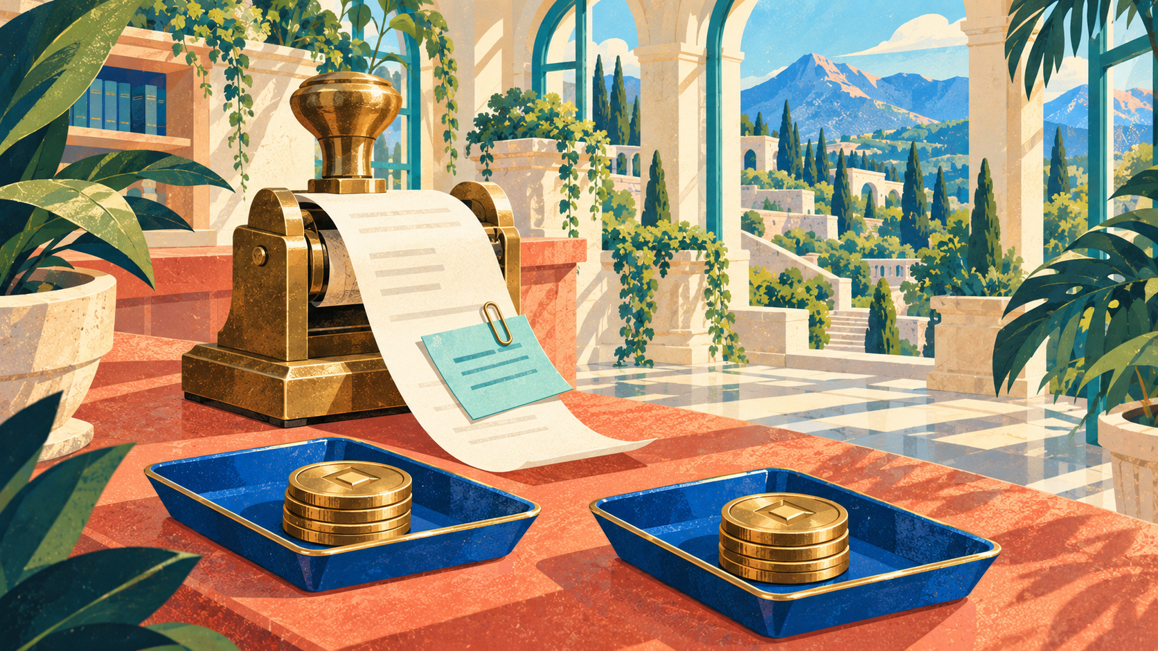 A brass receipt stamper with an attached turquoise note and two trays of gold tokens, illustrating a duplicate refund in Chainflip’s Tron incident.
