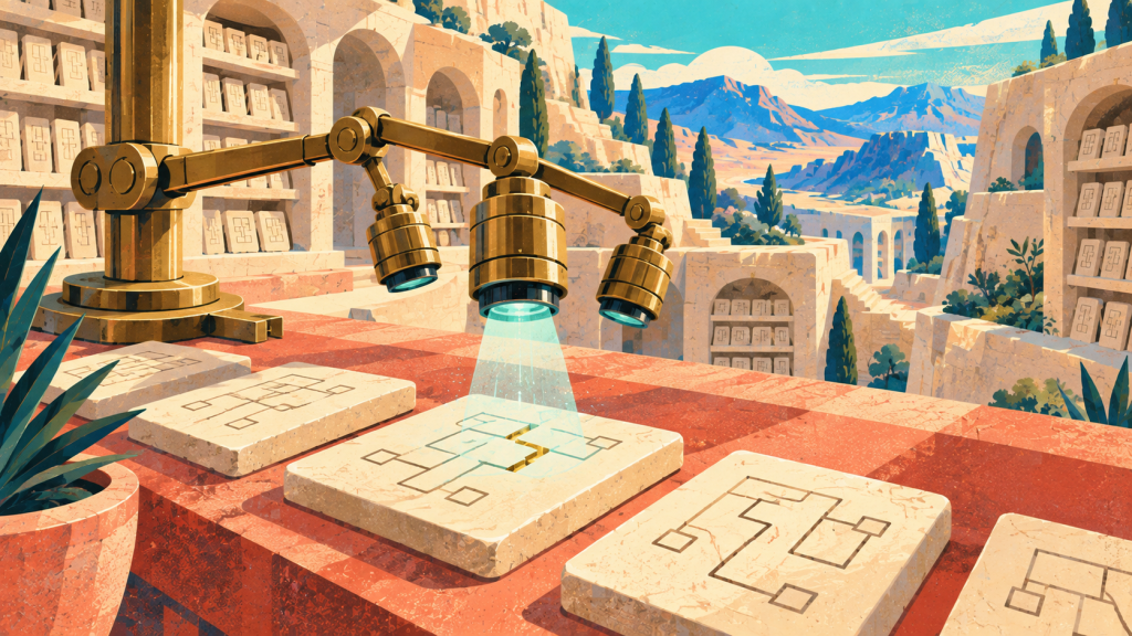 Brass robotic arm with cyan scanning beam inspecting stone tablets etched with circuit patterns on a sunlit hillside archive, one tablet cracked where the beam hits.