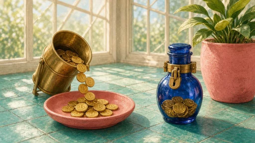 Sunlit conservatory still life: a tipped brass hopper pouring golden bitcoin tokens into a coral dish beside a sealed cobalt glass ampule of tokens and a potted plant.