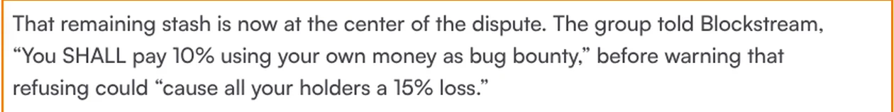 Bitcoin.com News quote of on-chain demand that Blockstream pay 10 percent using its own money as bug bounty