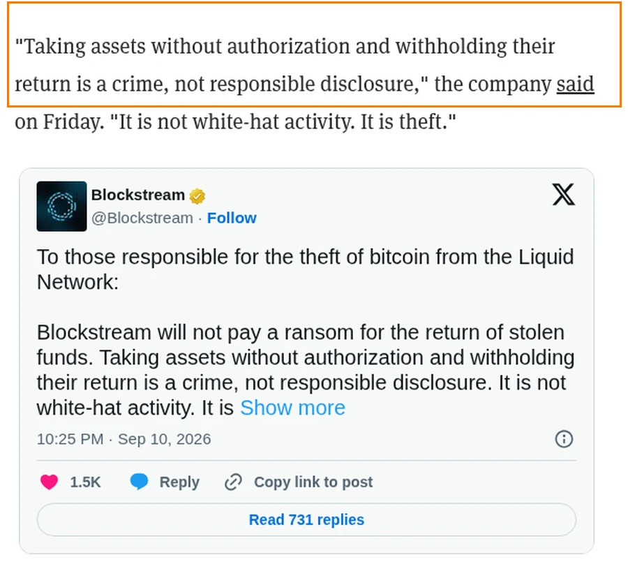 Decrypt article quoting Blockstream that withholding return is not white-hat activity but theft