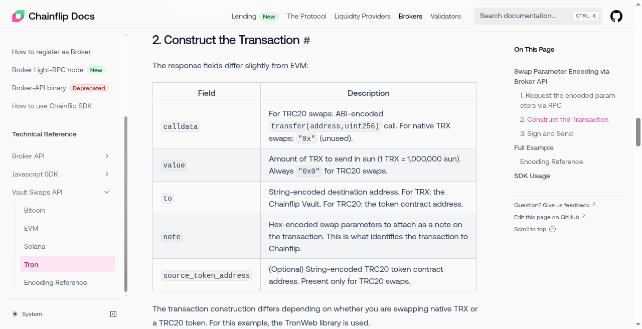 Chainflip docs page for Tron vault swaps describing encoded swap parameters attached as a note on the transaction
