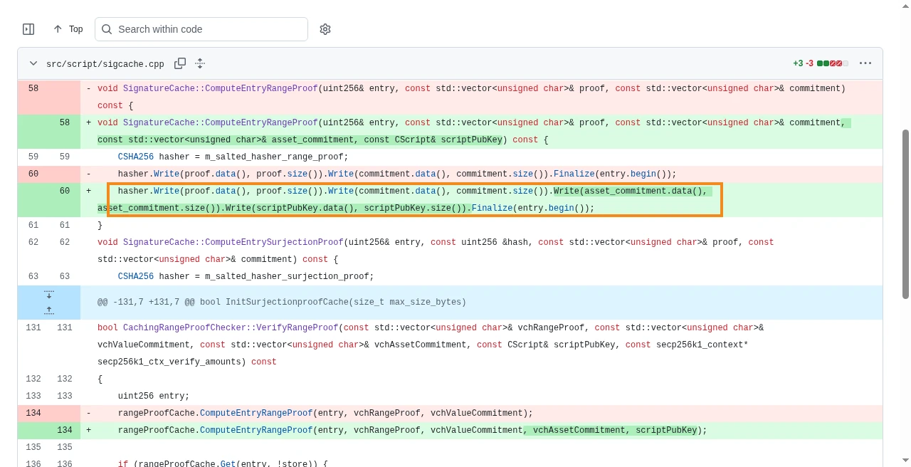 GitHub commit c26d719 showing ComputeEntryRangeProof hashing fields without length prefixes