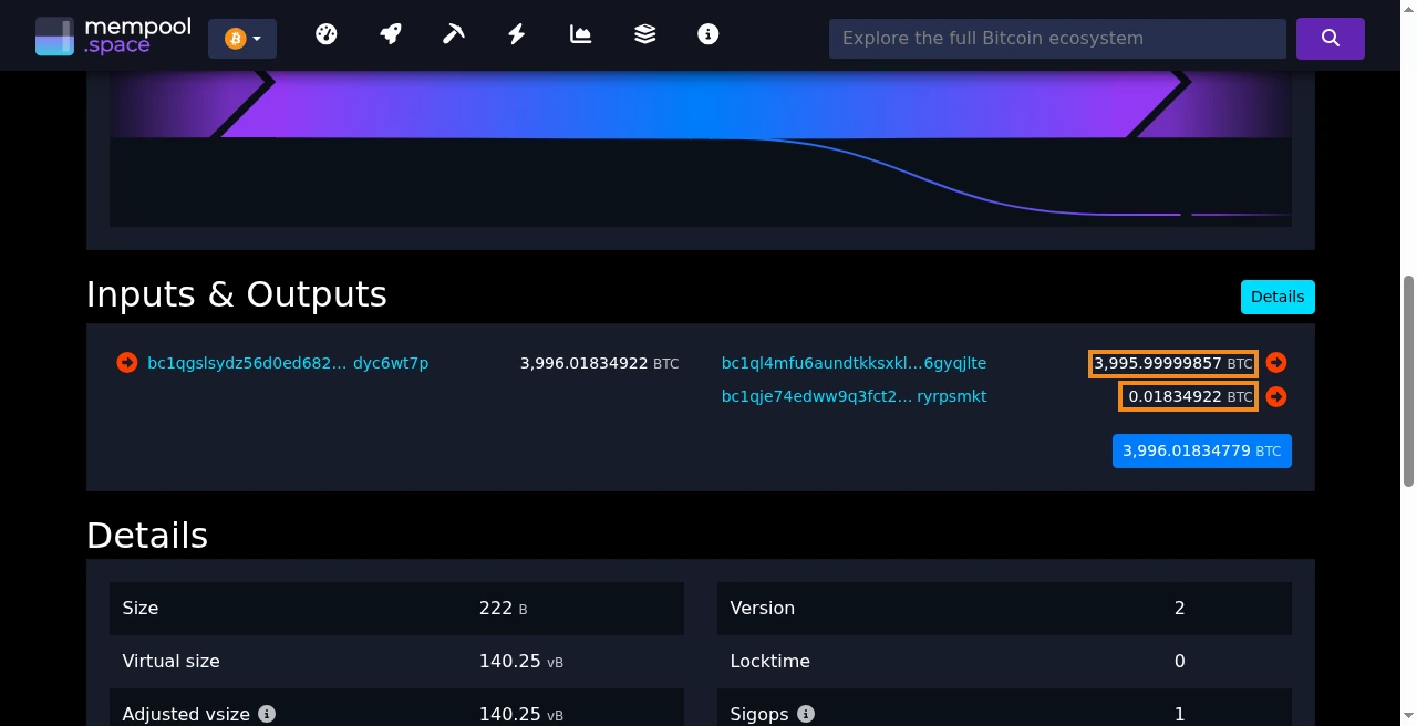 mempool.space transaction 85d2ca15 showing split outputs 3995.99999857 and 0.01834922 BTC