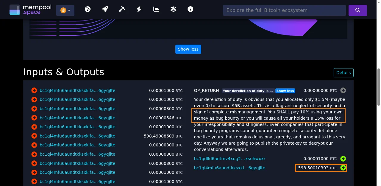 mempool.space transaction showing OP_RETURN 10 percent demand and 598.5 BTC output