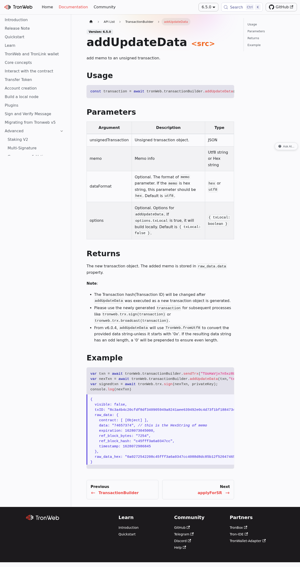 TronWeb addUpdateData documentation stating memo is stored in raw_data.data on an unsigned transaction and that txID changes