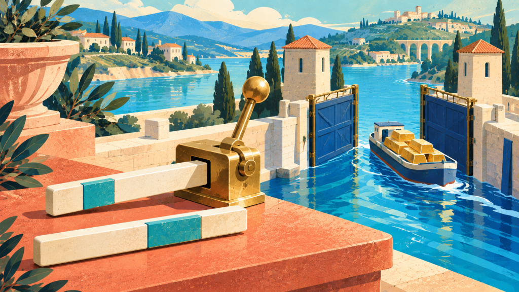Illustration of two differently segmented keys at a brass checkpoint as a gold-laden boat passes through open canal gates, symbolizing the Liquid validation flaw.