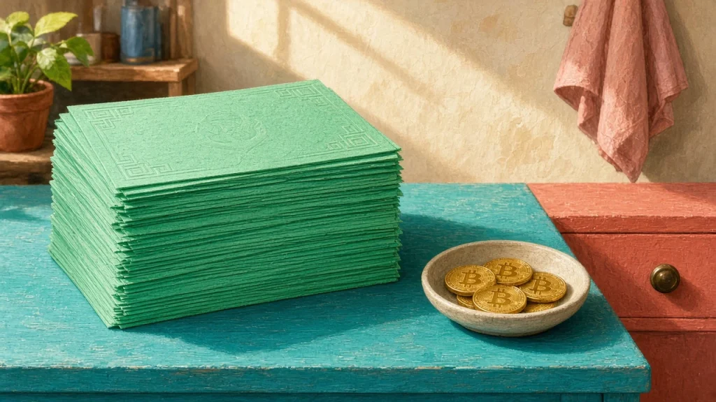 Tall stack of mint-green blank tokens beside a small dish holding a few golden bitcoin tokens on a bright turquoise workbench.